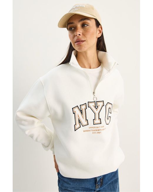 Bianco Lucci Natural Oversized Knitted Sweatshirt With Zipper Collar And Embroidery