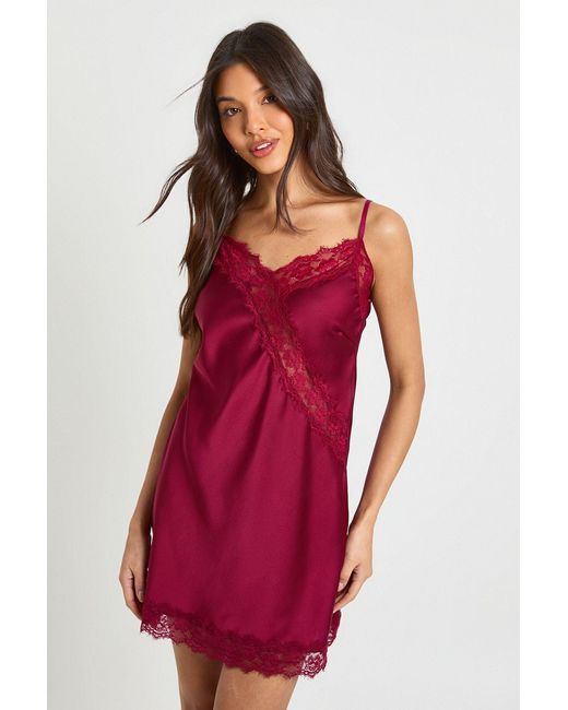 Boohoo Red Satin & Lace Mini Slip Dress