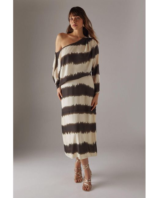 Warehouse Multicolor Print Georgette Fallen Shoulder Midi Dress