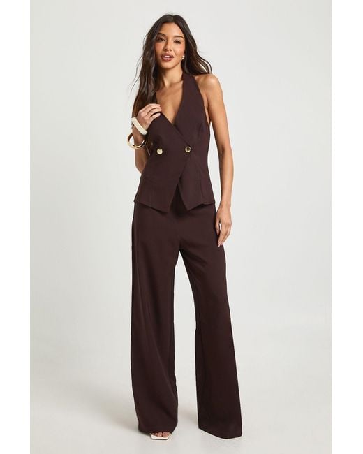 Boohoo Brown Button Wrap Front Jumpsuit