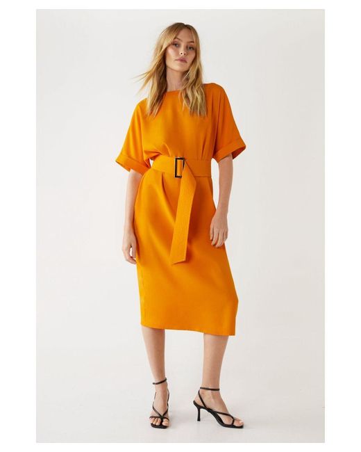 Warehouse Orange Multi Stitch Belted Soft Shift Dress