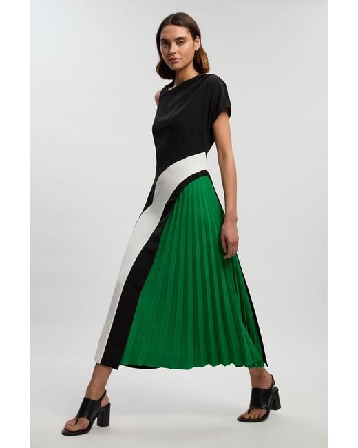 Karen Millen Green Soft Tailored Colour Block High Neck Pleated Midi Dress