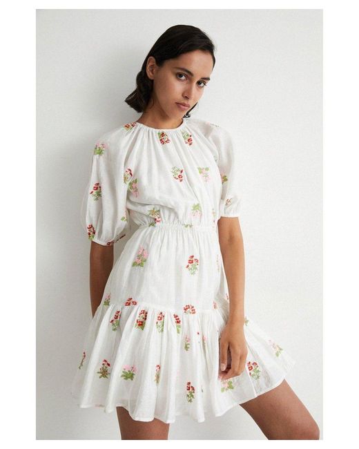 Warehouse White Embroidery Puff Sleeve Mini Dress Lyocell