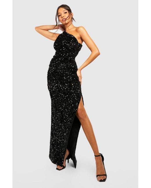 Boohoo Black Sequin Drape One Shoulder Maxi Party Dress