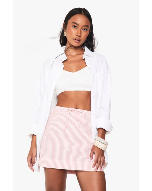 Boohoo White Seersucker Stripe Drawstring Waist Skirt