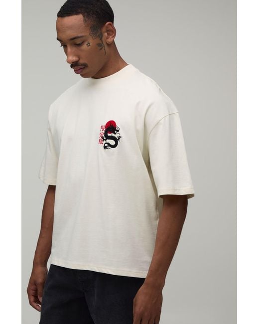 BoohooMAN Natural Oversized Boxy Dragon Embroidery T-Shirt for men