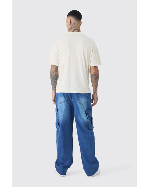 BoohooMAN Blue Tall Relaxed Rigid Cargo Jeans for men