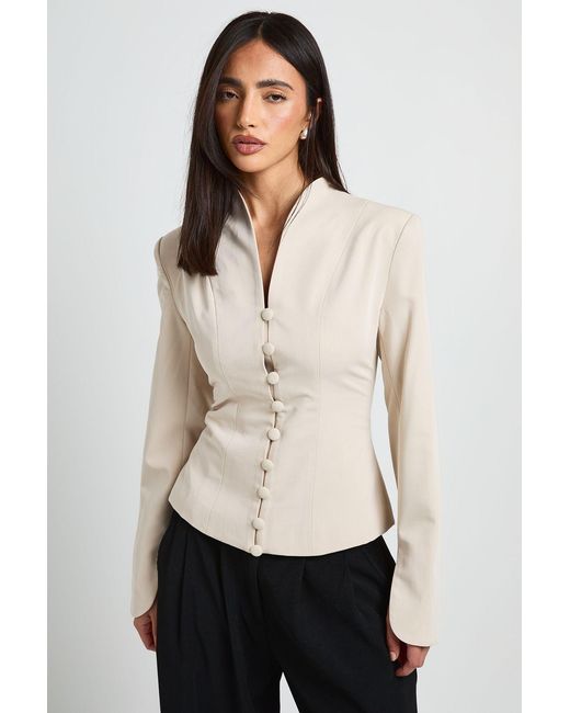 Boohoo Natural High Neck Button Down Split Cuff Blazer