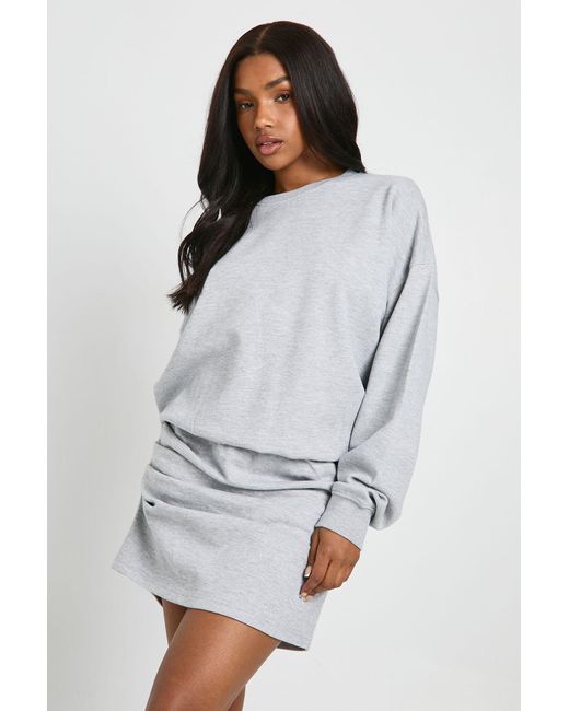 Boohoo Gray Ruched Waist Long Sleeve Sweat Dress