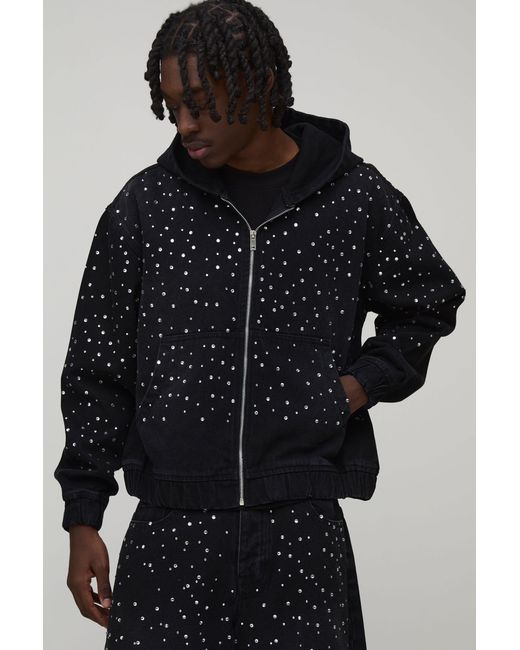 BoohooMAN Black Washed Rhinestone Boxy Oversized Zip Up Denim Hoodie for men