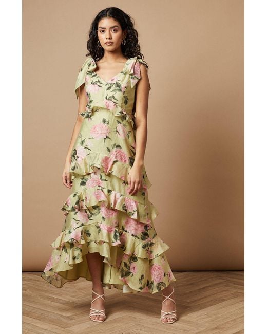 Oasis Natural Petite Floral Printed Tiered Ruffle Tie Shoulder Midi Dress