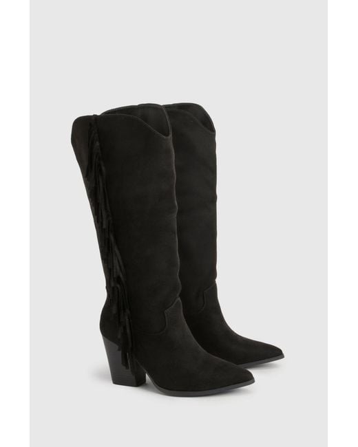 Boohoo Black Wide Fit Fringe Cowboy Boots