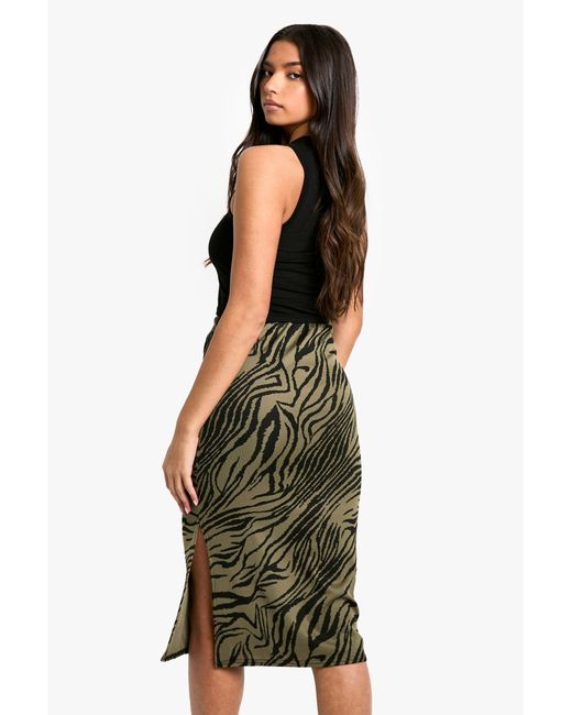 Boohoo Black Zebra Print Rib Side Split Midi Skirt