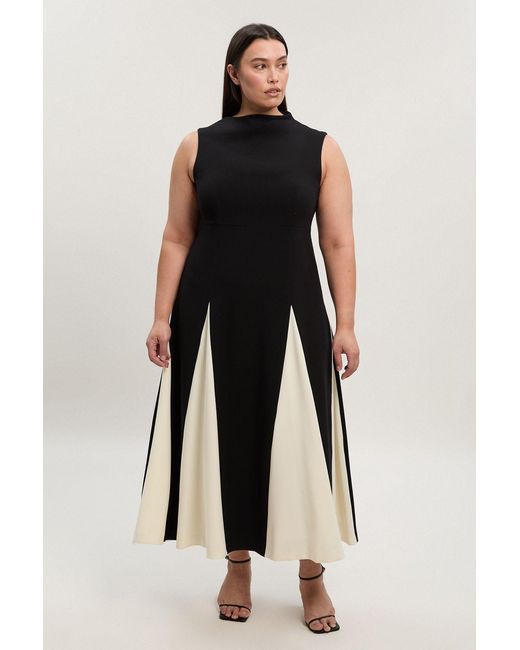 Karen Millen Blue Plus Size Compact Stretch Tailored Colour Block Full Skirted Midi Dress