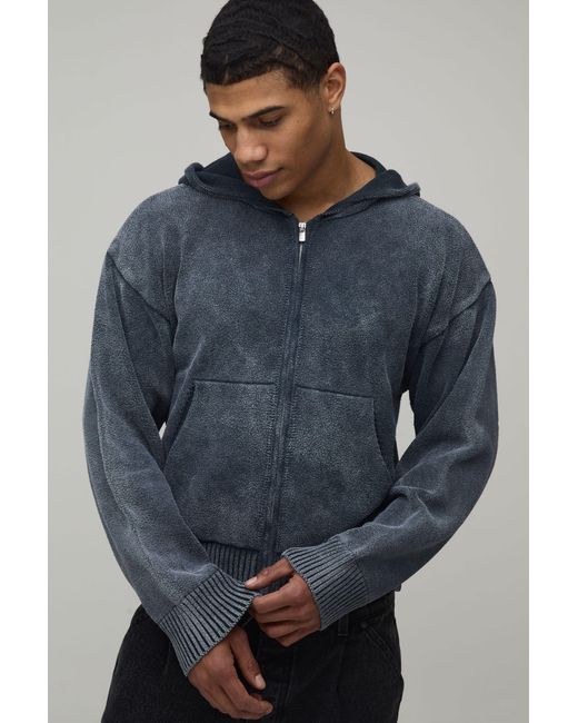 BoohooMAN Blue Boxy Fit Washed Effect Knitted Hoodie for men