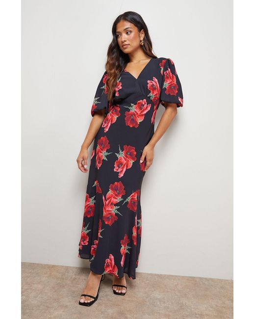 Oasis Red Petite Printed Chiffon Puff Sleeve Fishtail Midaxi Dress