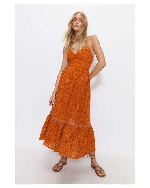 Warehouse Orange Strappy Broderie Maxi Dress