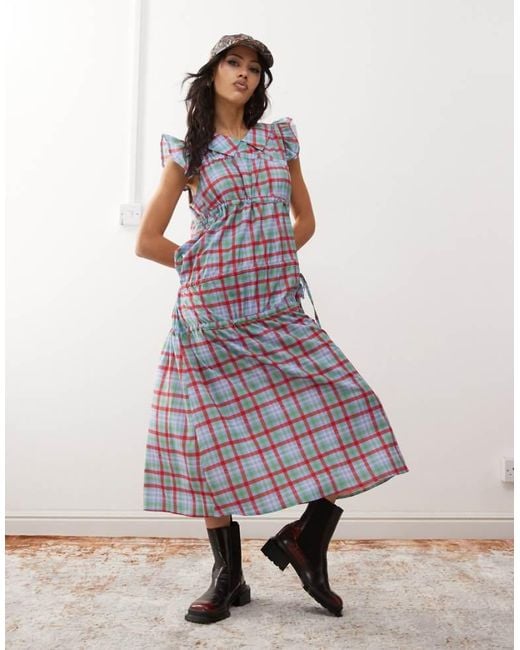 Reclaimed Vintage Pink Maxi Dress With Asymetric Ruching And Collar