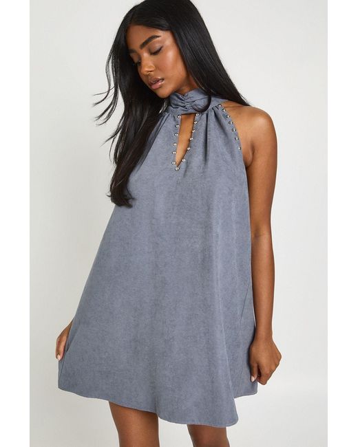 Boohoo Blue Textured High Neck Stud Detail Mini Dress