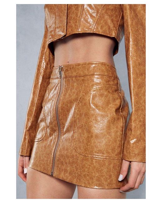 MissPap Brown Crackled Leather Look Micro Mini Skirt