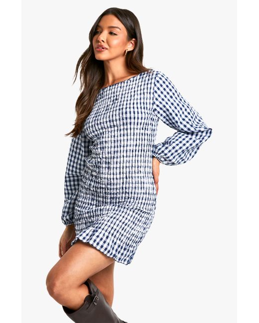 Boohoo Blue Gingham Shirred Long Sleeve Mini Dress
