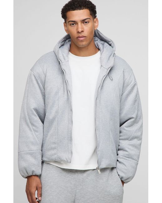 BoohooMAN Gray Oversized Boxy Hooded Jersey Puffer Jacket for men