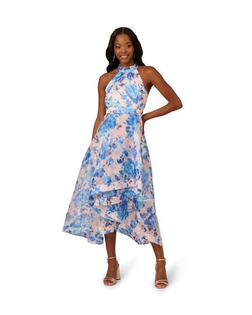 Adrianna Papell Blue Floral Organza Ankle Dress