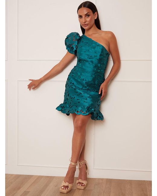 Chi Chi London Blue One Shoulder Puff Sleeve Floral Cut Out Mini Dress
