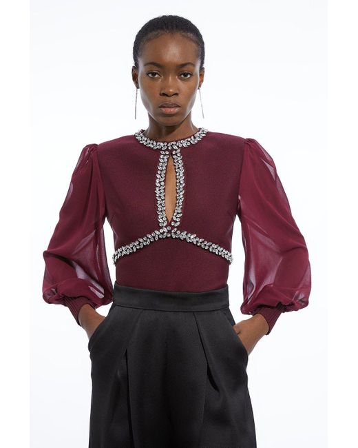 Karen Millen Red Bandage Embellished And Chiffon Sleeve Figure Form Knit Top