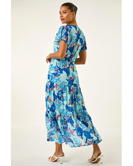 Roman Blue Floral Tiered Tie Waist Midi Dress