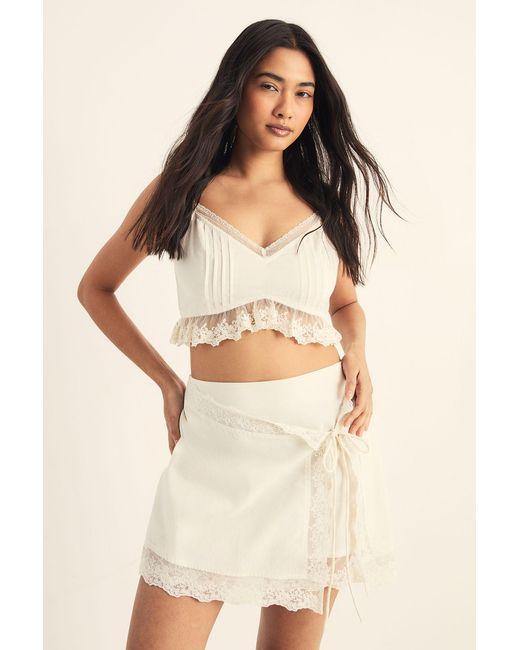 Nasty Gal Natural Cotton Lace Trim Wrap Mini Skirt