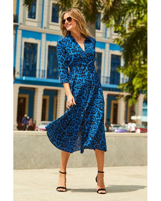 Sosandar Blue Cobalt Animal Print Belted Midi Shirt Dress