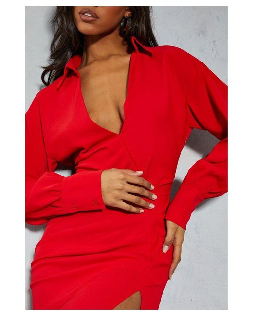 MissPap Red Satin Ruched Shirt Maxi Dress