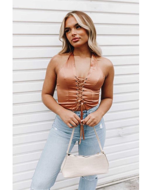 Femme Luxe Blue Halterneck Lace Up Crop Top