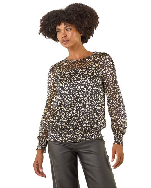 Roman Gray Spot Print Plisse Shirred Top
