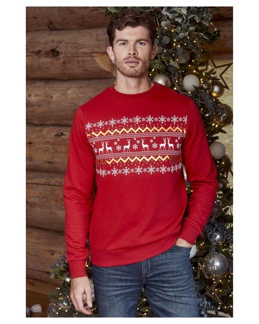 Threadbare Red 'Snowball' Crew Neck Fairisle Christmas Sweatshirt for men