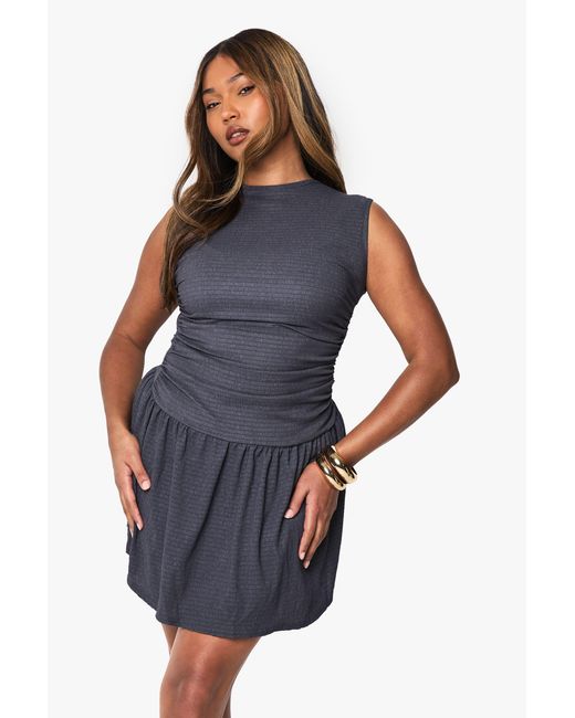 Boohoo Blue Plus Textured Sleeveless Rouched Mini Dress