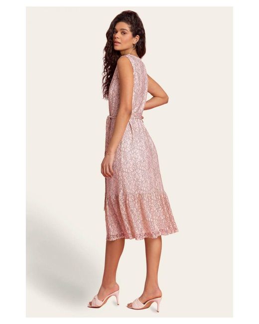 Roman Pink Belted Lace Detail Tiered Midi Dress