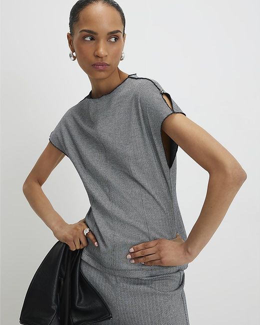 River Island Gray Top Short Sleeve Herringbone Interlock Viscose