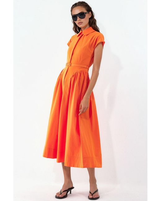 Busem Red Belted Midi Dress With Shirt Collar
