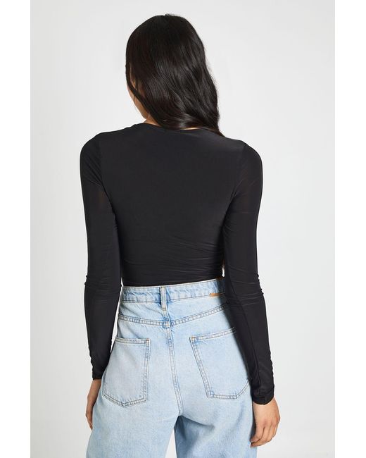 Boohoo Black Tall Double Layer Slinky Long Sleeve Crew Neck Bodysuit