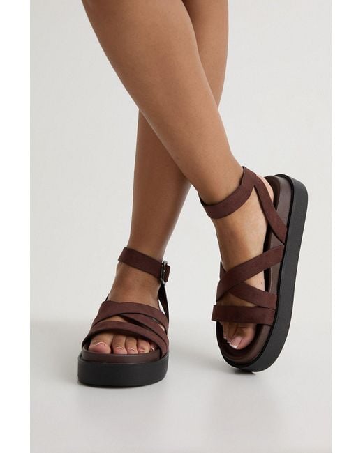 Boohoo Brown Faux Suede Chunky Cross Strap Flatform Sandals
