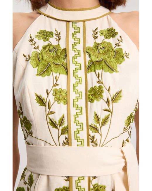 Karen Millen Natural Rose Embroidered Cotton Twill Woven Maxi Dress