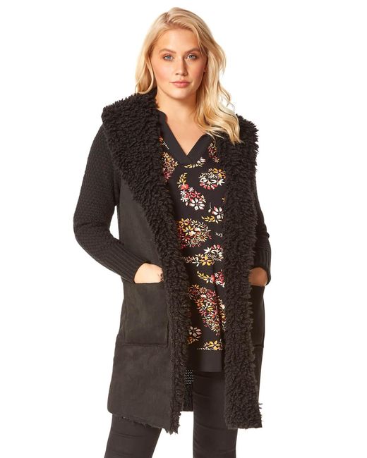 Roman Black Longline Faux Shearling Knit Coatigan