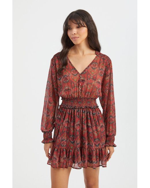 Hiccup Abstract V Neck Buttoned Tiered Long Sleeve Mini Boho Dress