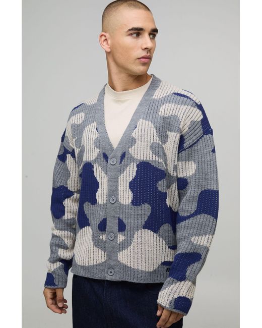 BoohooMAN Blue Oversized Boxy Ribbed Camo Knitted Cardigan for men
