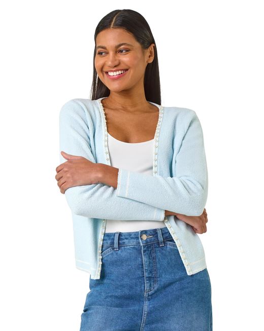 Roman Blue Faux Pearl Trim Cardigan
