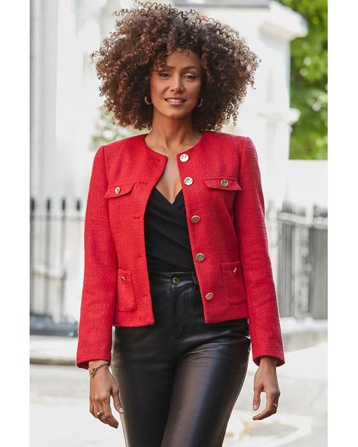 Sosandar Red Bright Boucle Collarless Jacket