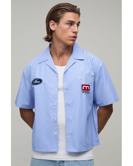 BoohooMAN Blue Oversized Boxy Stripe Patch Half Sleeve Shirt for men