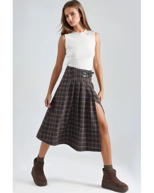 Hiccup Black Plaid Pleated Midi Skirt With Belt Detail